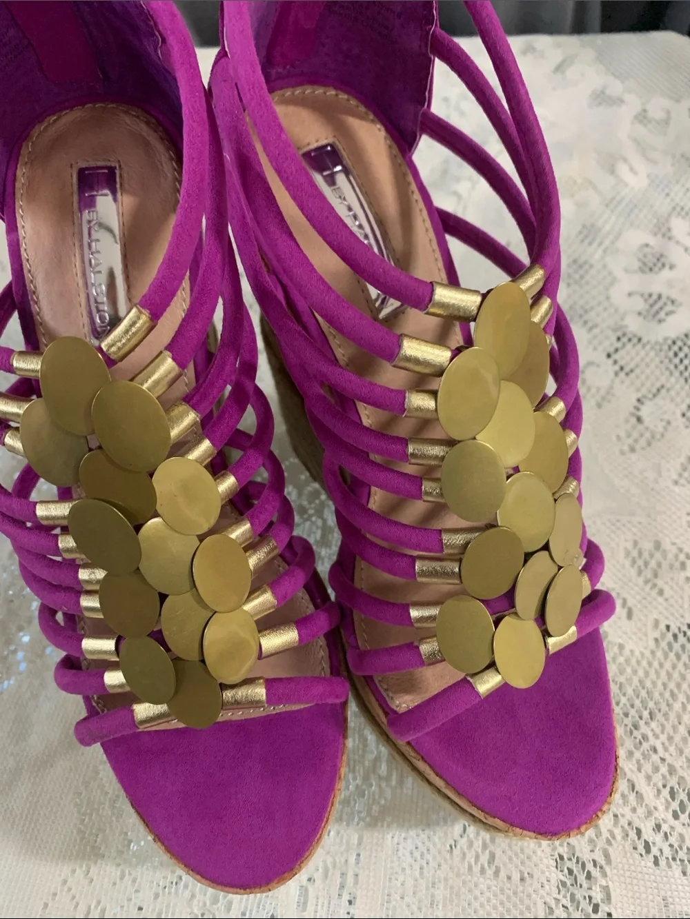 H by Halston Fuchsia Strappy Wedge Sandals with Gold Discs